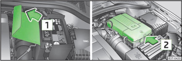 Abb. 141 Motorraum: Polyester-Abdeckung der Fahrzeugbatterie / Kunststoffabdeckung